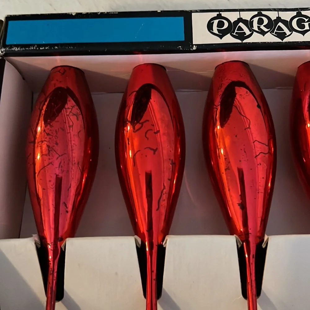 6 Vintage Paragon glass red teardrop Christmas ornaments 6”